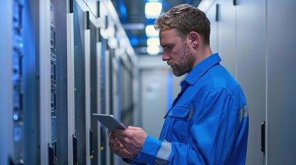 IT technician checking the server status on a tablet