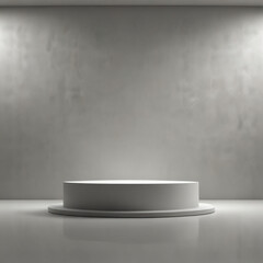 Round white podium or pedestal for displaying products. Empty stand for goods