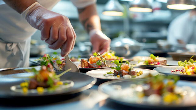 Professional chefs meticulously garnishing and plating gourmet dishes in a busy kitchen
