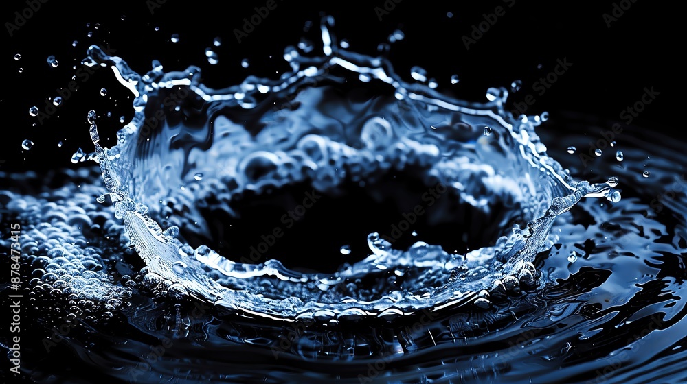 Poster high-speed photo of a water splash creating dynamic ripples on a dark background, capturing the beau