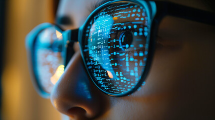 A close-up of a person wearing glasses, with computer code reflected on the lenses, emphasizing the passion for technology and programming.