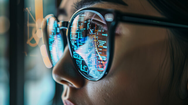 A close-up of a person wearing glasses, with computer code reflected on the lenses, emphasizing the passion for technology and programming.