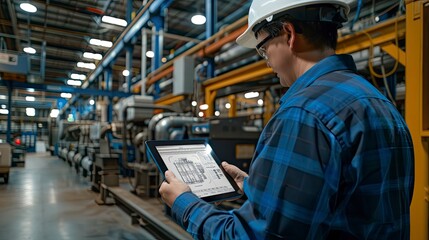 Fototapeta premium An engineer reviewing data on a tablet while monitoring robotic manufacturing processes.