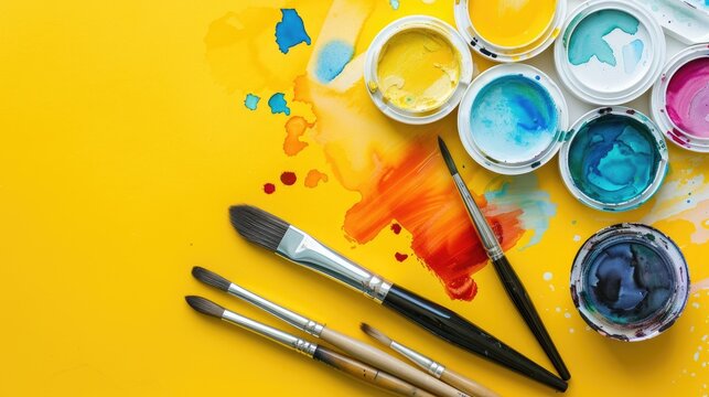 Close up of watercolor supplies on yellow backdrop