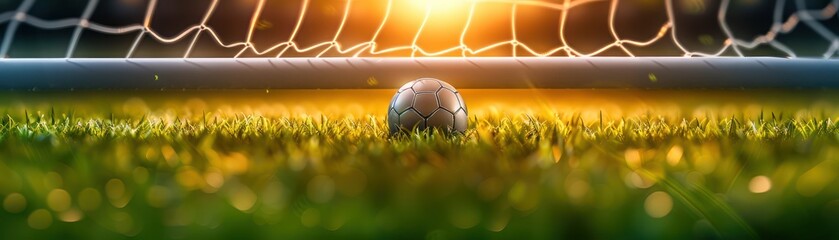 Fototapeta premium Soccer Goal Area on Pitch, A Close-Up View of the Scoring Zone, The Ball Lies Just Inside the Goal Line on the Green Turf, A Perfect Shot Taken at Sunset, Football Goal Area Picture, Pitch Goal Goal