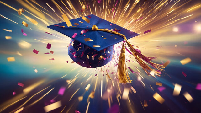 An explosive graduation celebration with a flying cap, confetti shower, symbolizing academic achievement, success, triumph