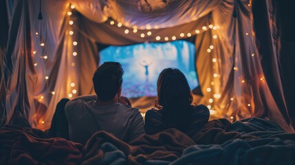 Couple watching a movie under a blanket fort