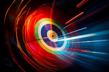 Abstract archery circle target background with colorful arrow light stripes bullseye