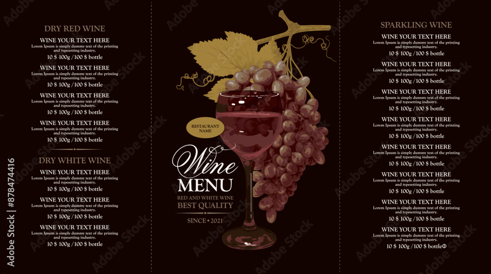 Poster vector wine menu template with price list for a restaurant or bar with a glass of dry red wine and b
