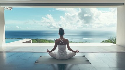 Woman practicing yoga with a view of the ocean