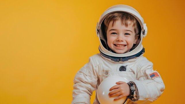 A young boy dressed as an astronaut smiles while holding his helmet on a yellow background.