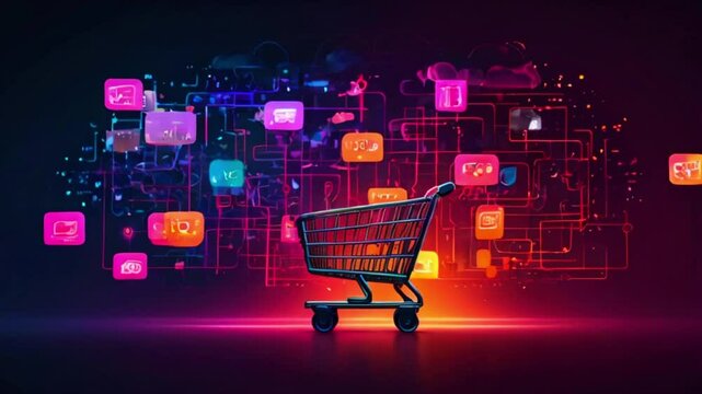 A glowing shopping cart sits in front of a dark background with a circuit board pattern and colorful square icons.