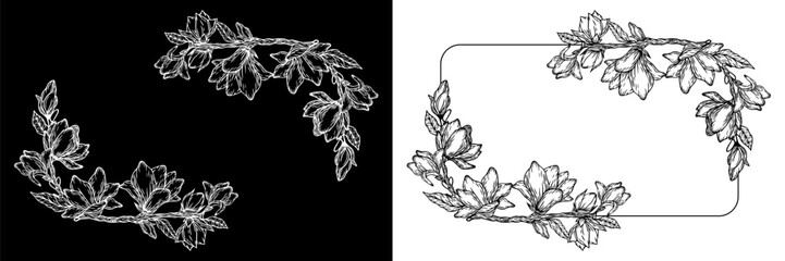 Luxury botanical wedding frame elements. Set of rectangular shapes, magnolia flowers, magnolia leaves and branches. Elegant foliage design for wedding, cards, invitations, congratulations © Tetiana Komarytska