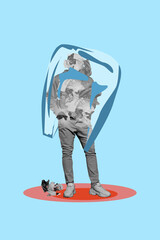 Creative drawing collage picture of young man covered polyethylene package dumping yard weird freak bizarre unusual fantasy