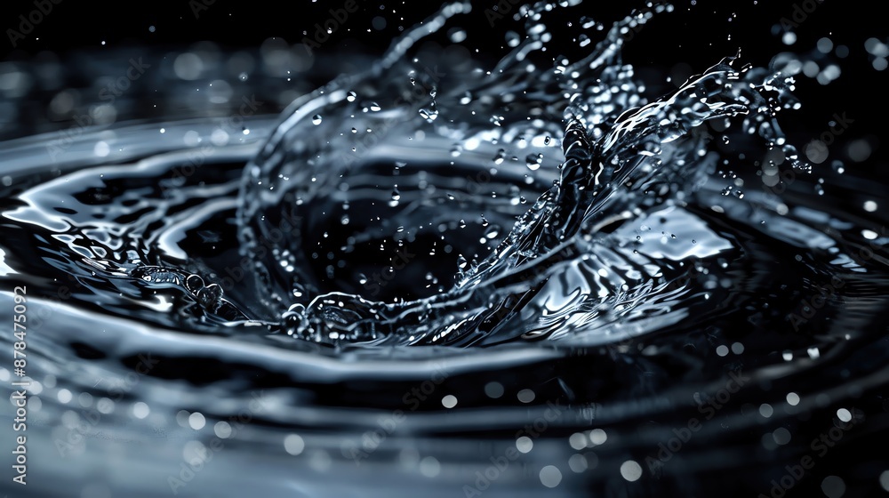 Poster macro shot of water splash creating ripples in dark blue background, showcasing fluid dynamics and l