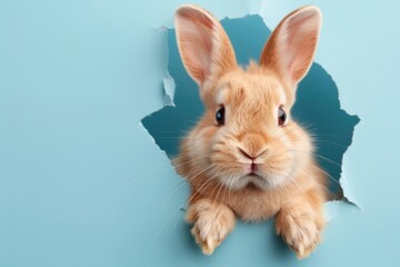 Bunny Peeking Through Wall, Cute rabbit in blue background, Adorable curiosity.