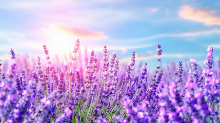 Fototapeta premium Beautiful Lavender Field Under Blue Sky, Close-Up Banner Design
