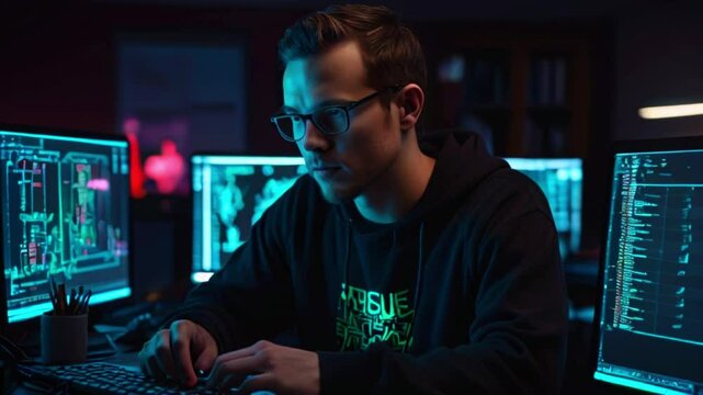 A young man wearing glasses is sitting in a dark room typing on a computer keyboard. There are two computer monitors behind him.