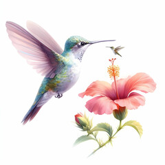hummingbird hovering over a flower on white background