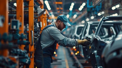 Fototapeta premium Auto Worker Inspecting Car Door on Assembly Line