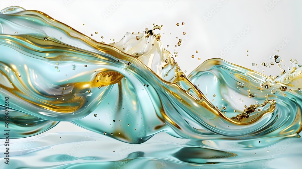 Poster mesmerizing fluid motion of iridescent metallic splash and ripple on transparent background
