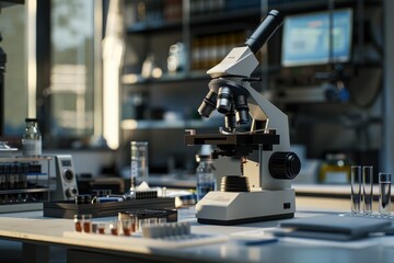 Fototapeta premium A detailed shot of a modern microscope on a laboratory workbench, surrounded by scientific equipment and glassware