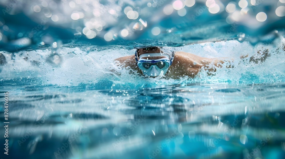 Poster dynamic swimmer diving into pool with water splash
