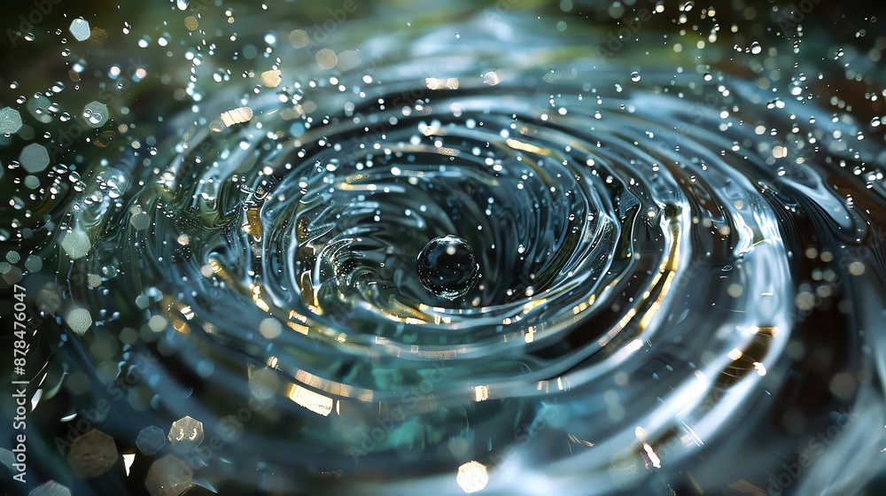 Poster stunning whirlpool with sparkling water droplets creating a mesmerizing vortex effect in a close-up 