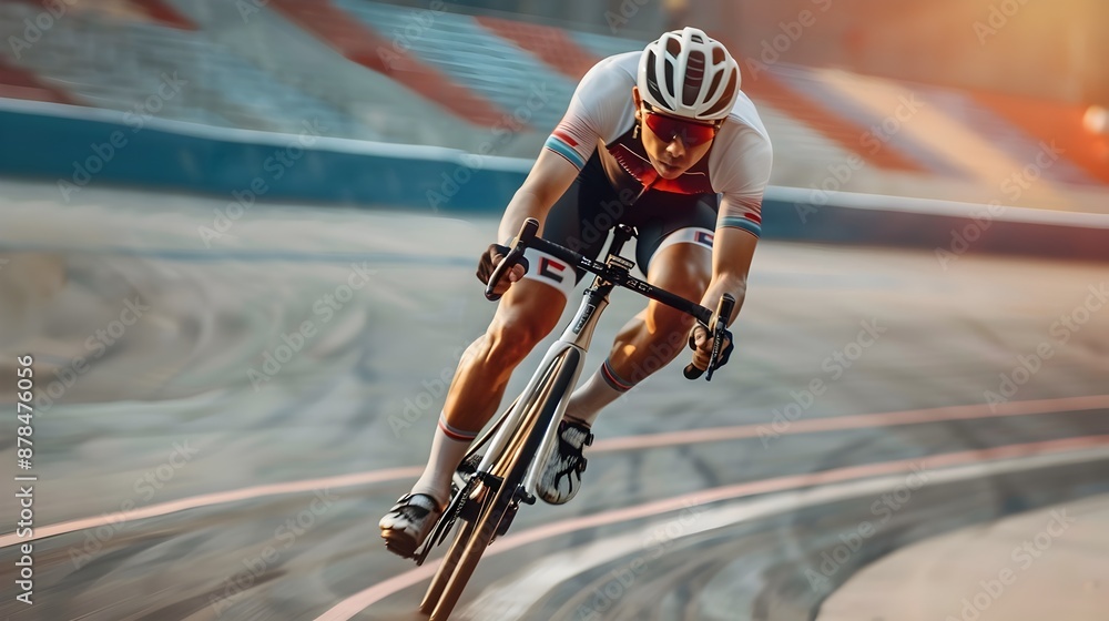 Poster competitive cyclist racing on track with aerodynamic speed and precision