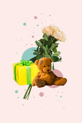 Vertical composite artwork collage image picture of teddy bear flowers giftbox isolated on creative...