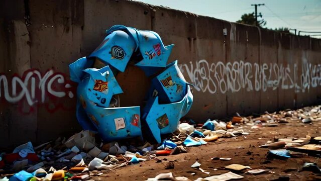A blue recycling symbol made of trash sits in front of a concrete wall.