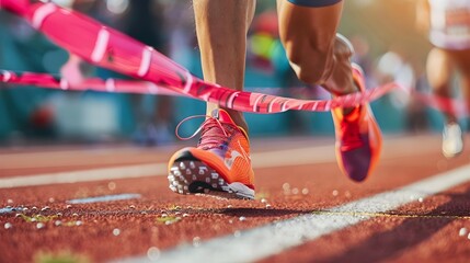 Victorious Sprinter Breaking Tape at Finish Line of Intense Race