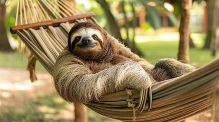 Fototapeta premium A sloth lounging in a hammock, swaying gently in the breeze