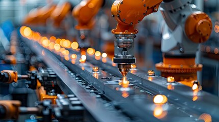 Robots applying coatings to metal parts in a precision manufacturing process.