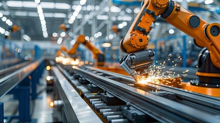 Robots applying coatings to metal parts in a precision manufacturing process.