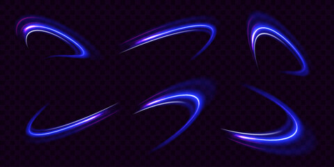 Lines in the shape of a comet against a dark background. Illustration of high speed concept. Curved light trail stretched upward. Vector Illustration. © Alesya