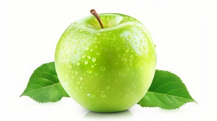 Fresh, Green Apple with Water Droplets on White Background. A Crisp Image for Healthy Eating, Dieting, and Recipes
