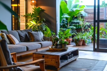 Modern Living Room Designed with Sustainability in Mind Featuring Indoor Plants and Eco-Friendly Furniture