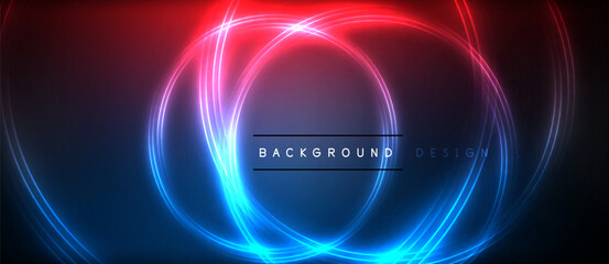Obraz premium Neon glowing circle rays, light round lines in the dark, planet style neon wave lines. Energetic electric concept design for wallpaper, banner, background