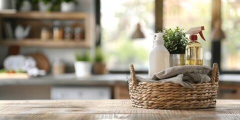 Obraz premium A basket of cleaning products and a vase of flowers elegantly arranged on a kitchen countertop, enhancing the interior with a blend of functionality and aesthetic appeal