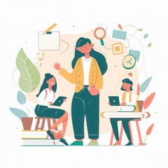 Illustration of a team collaborating in a creative workspace, featuring plants, laptops, and office supplies in a vibrant, modern style.