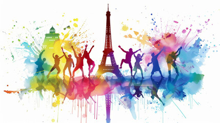 Abstract vector illustration of people jumping around the Eiffel Tower, 