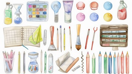 Colorful watercolor illustration of various stationery items including pens, pencils, notebooks, and art tools on a white background.