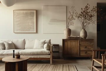 Serene Living Room Showcasing Warm Minimalism Featuring Natural Elements and Cozy Decor
