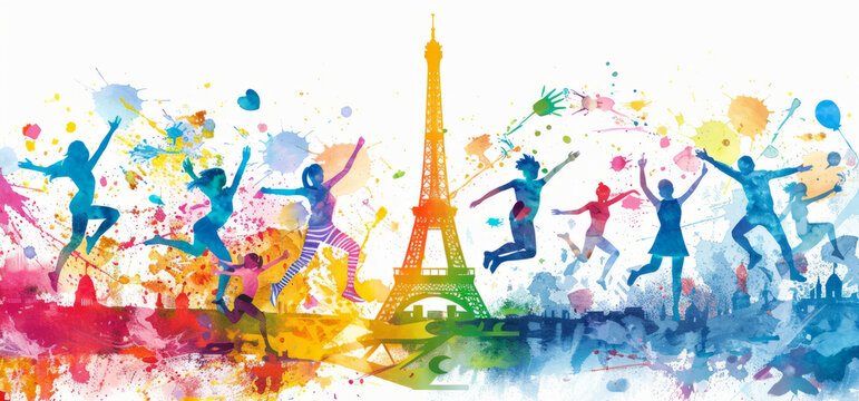 Abstract vector illustration of people jumping around the Eiffel Tower, 