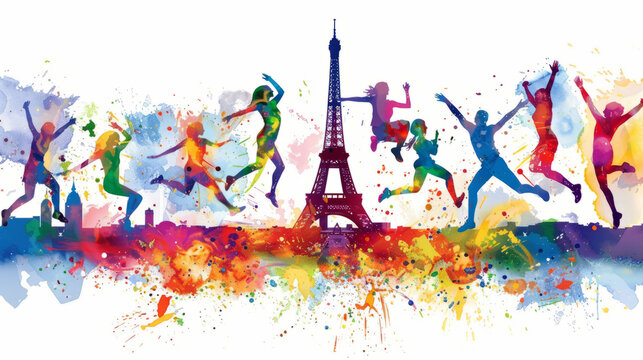 Abstract vector illustration of people jumping around the Eiffel Tower, 