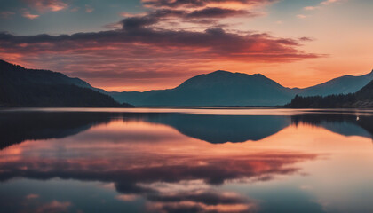 Fototapeta premium a mirror-bright view of the lake between the mountains, dramatic sunset colors 