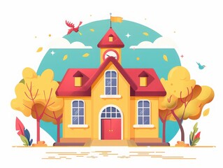 Naklejka premium Charming colorful schoolhouse illustration with autumn trees, birds, and a vibrant blue sky, evoking a welcoming and cheerful atmosphere.