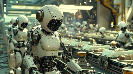 Fototapeta premium Robots sorting and organizing materials in a high-speed manufacturing environment.