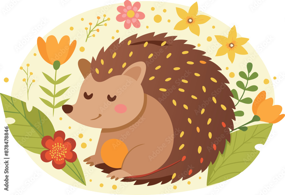 Sticker cute sleeping hedgehog illustration with colorful flowers and leaves